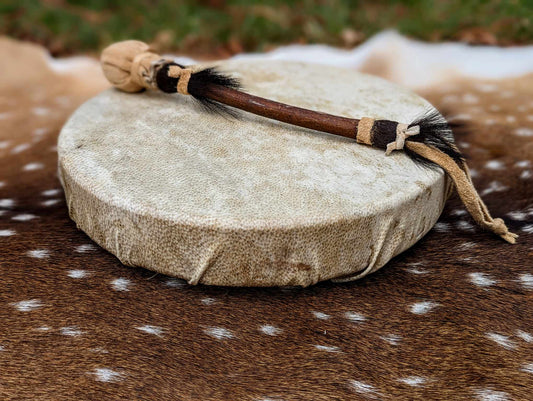 12" Natural Bear Skin Shaman Drum | Bear Hide and Hair Trimmed Beater