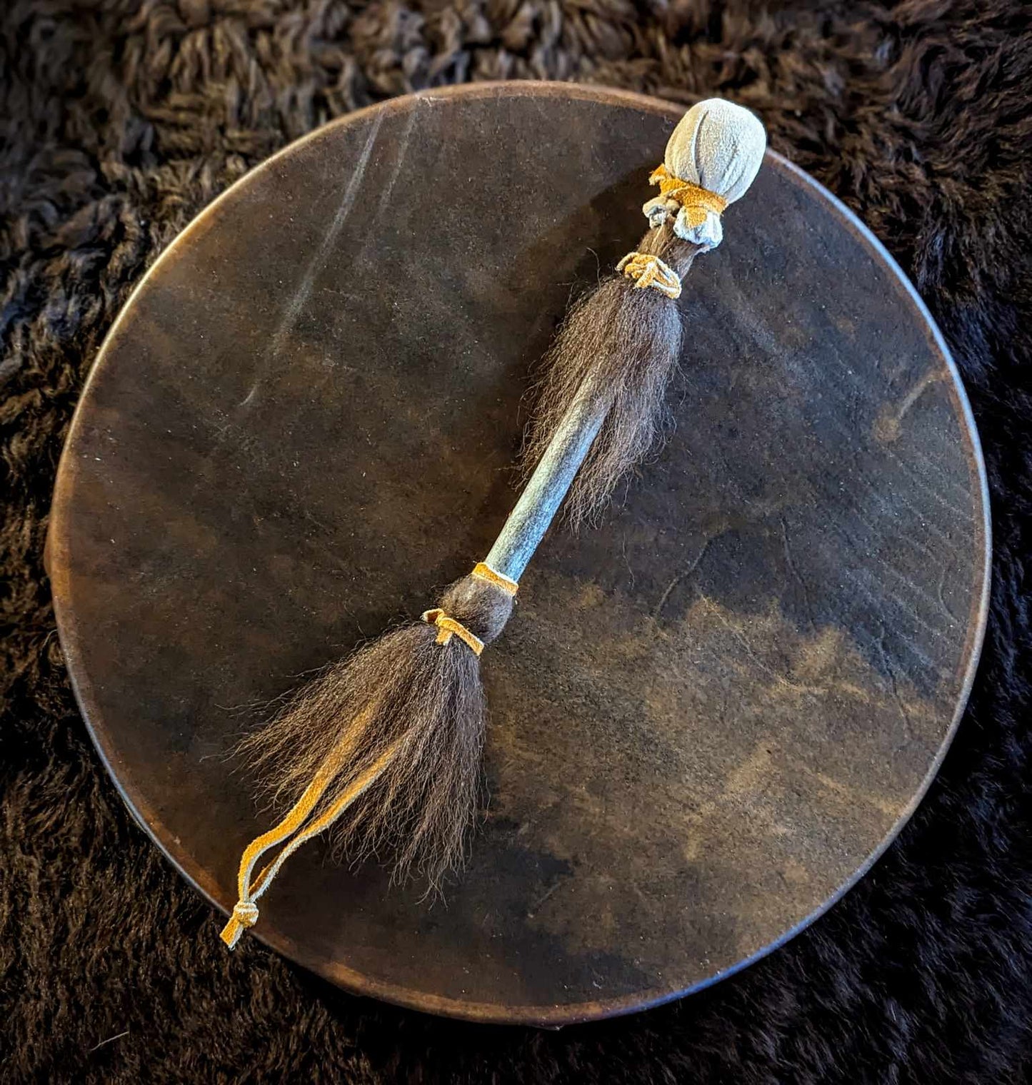 18" Bison Thick Hide Drum | Natural Buffalo Drum | Bison Hair Trimmed Beater
