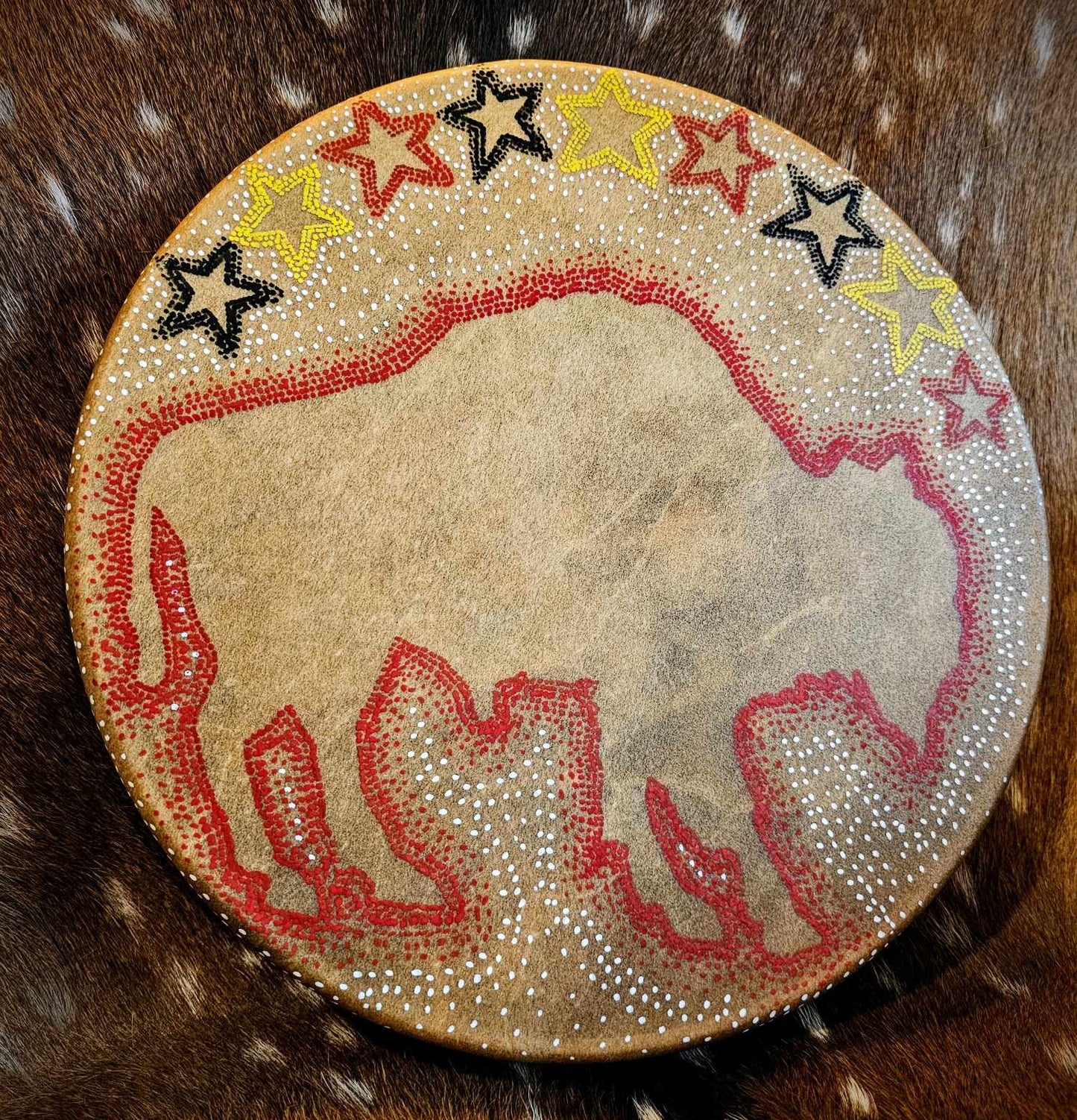 12" Red Ghost Bison Buffalo Spirit Bison Hide Drum And Buckskin Beater