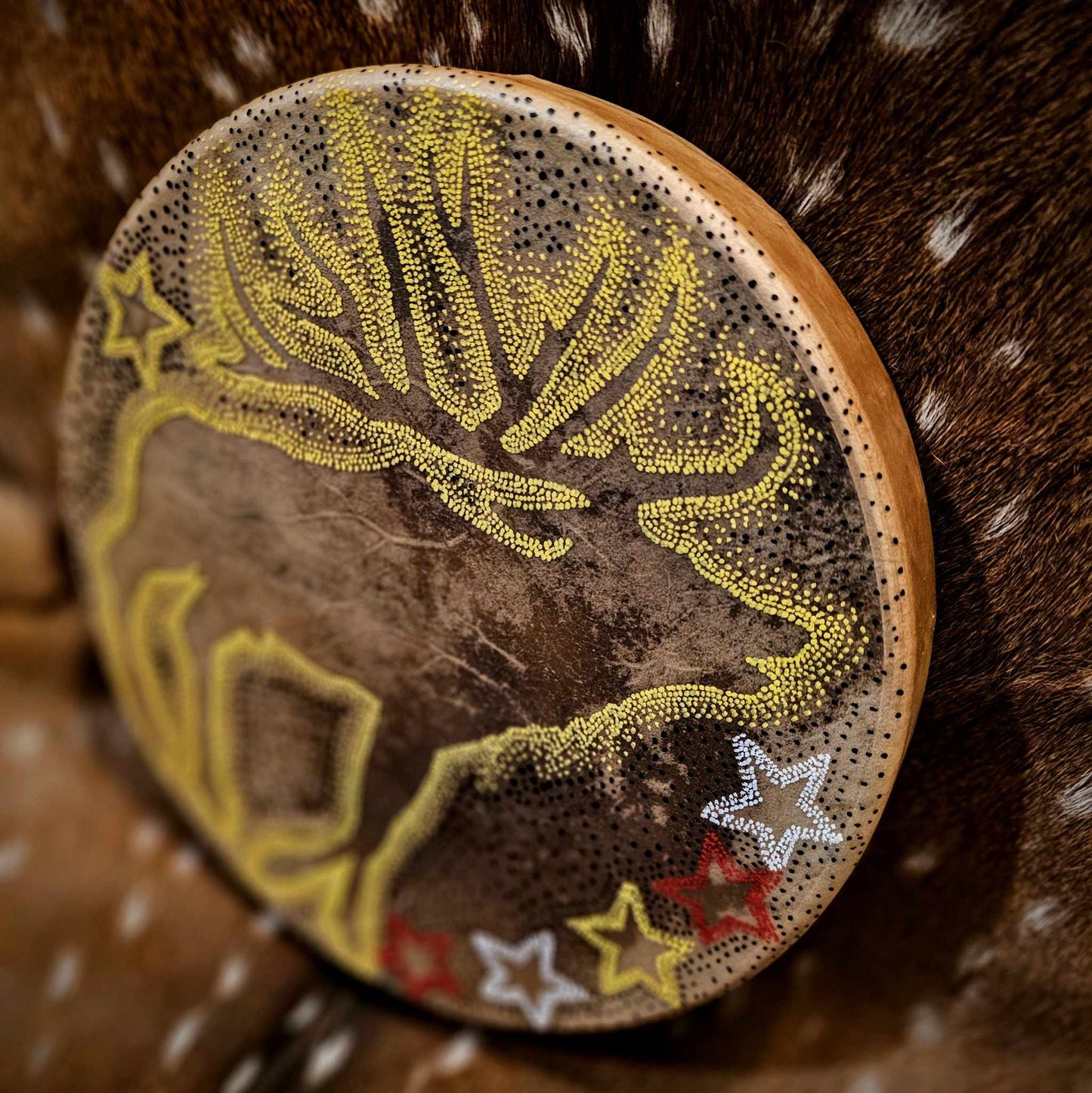 12" Yellow Elk Spirit Elk Hide Drum And Buckskin Beater