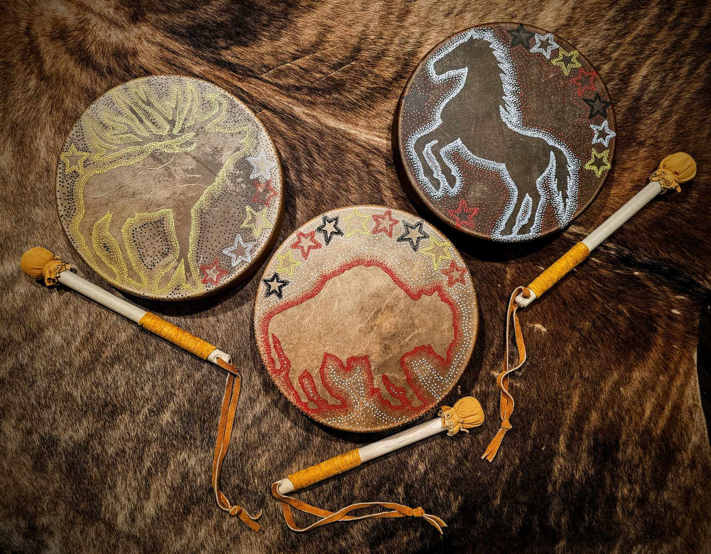 12" Red Ghost Bison Buffalo Spirit Bison Hide Drum And Buckskin Beater