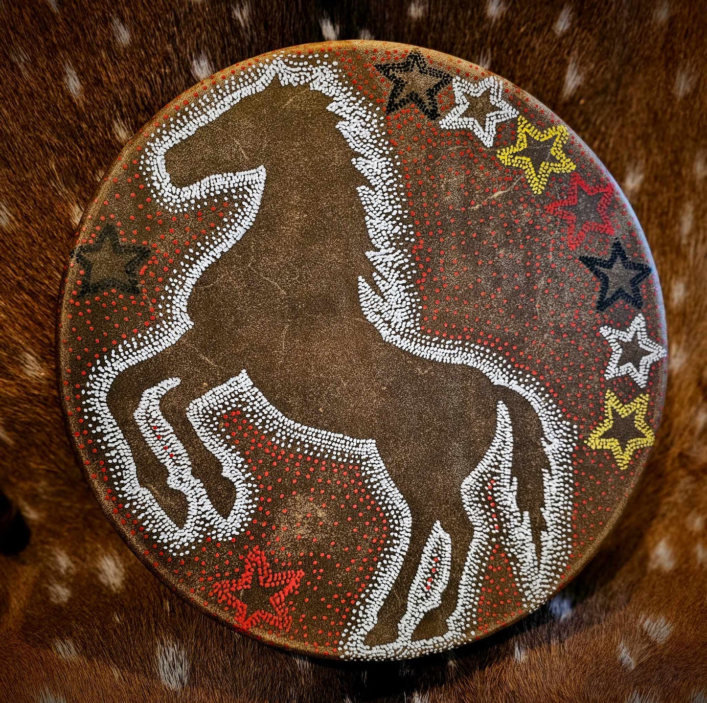 12" White Horse Spirit Horse Hide Drum And Buckskin Beater