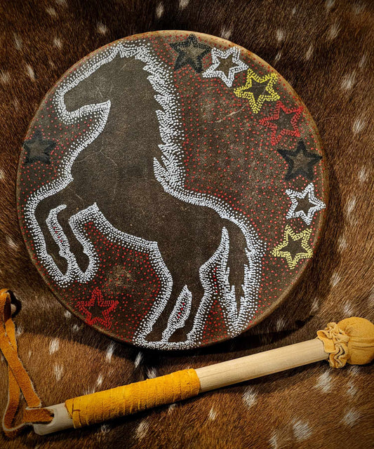 12" White Horse Spirit Horse Hide Drum And Buckskin Beater