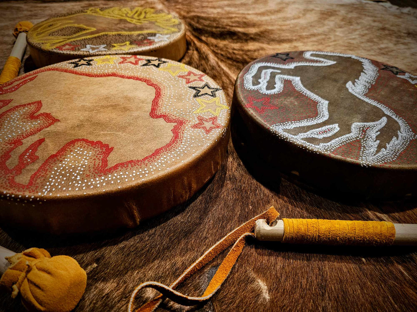 12" Red Ghost Bison Buffalo Spirit Bison Hide Drum And Buckskin Beater