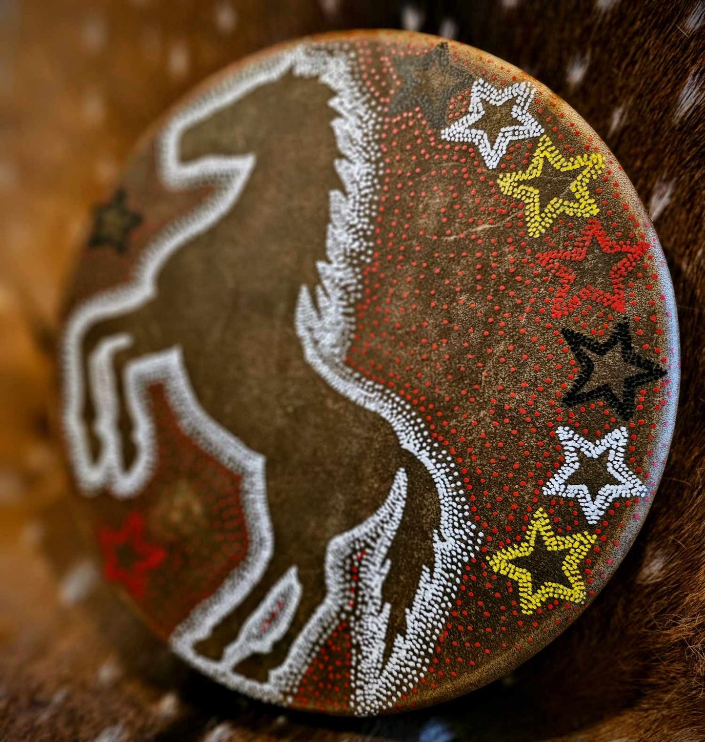12" White Horse Spirit Horse Hide Drum And Buckskin Beater