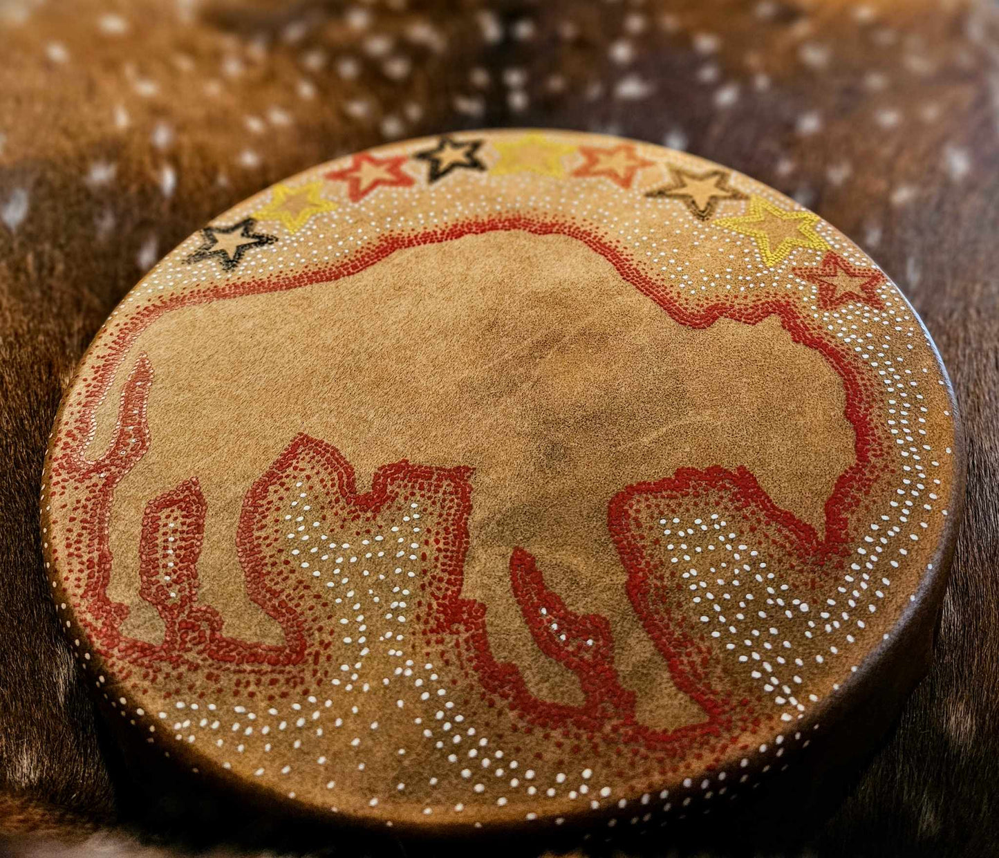 12" Red Ghost Bison Buffalo Spirit Bison Hide Drum And Buckskin Beater