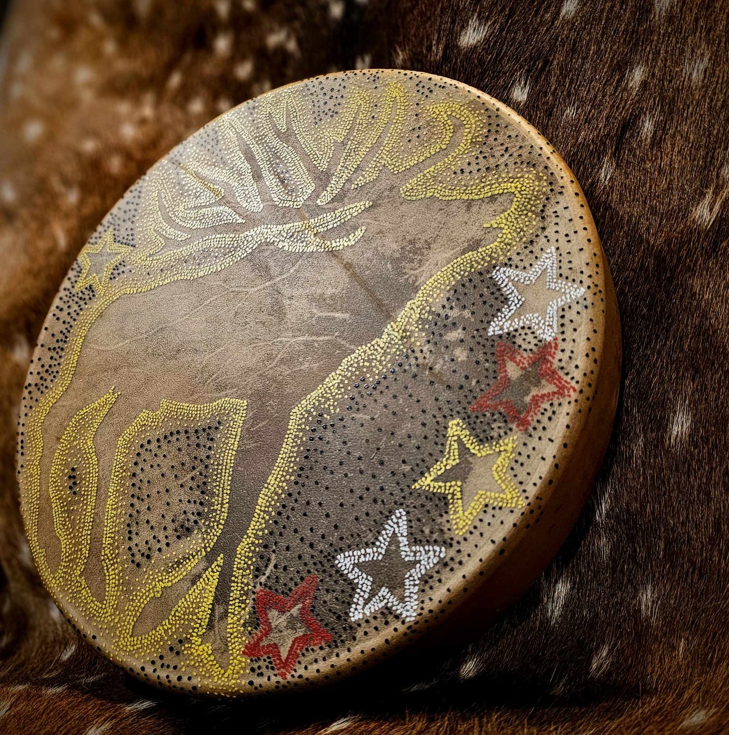 12" Yellow Elk Spirit Elk Hide Drum And Buckskin Beater