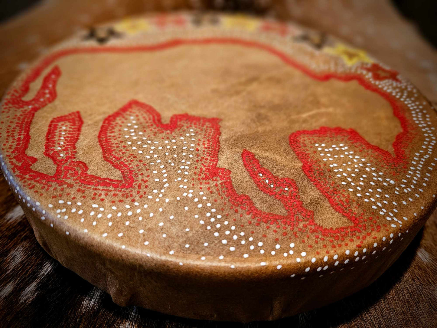 12" Red Ghost Bison Buffalo Spirit Bison Hide Drum And Buckskin Beater