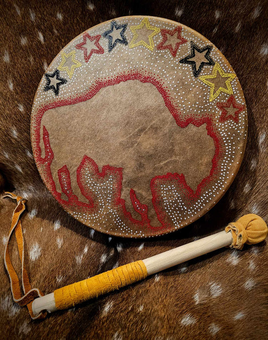 12" Red Ghost Bison Buffalo Spirit Bison Hide Drum And Buckskin Beater