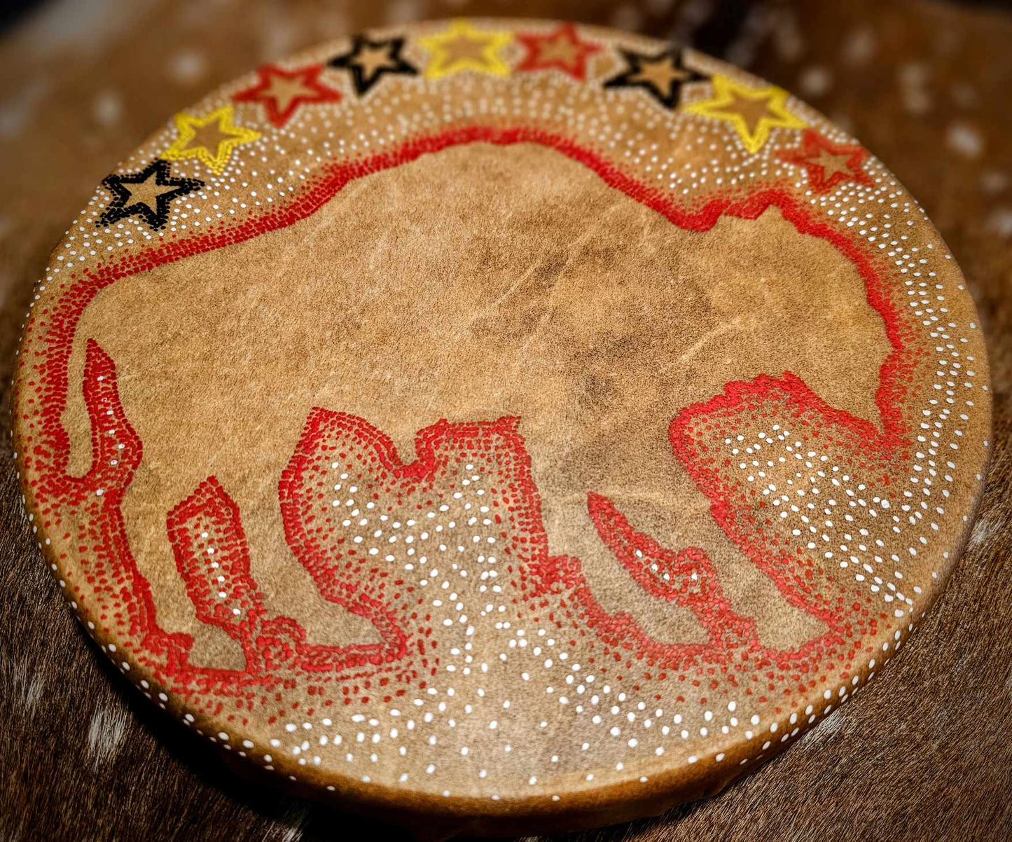 12" Red Ghost Bison Buffalo Spirit Bison Hide Drum And Buckskin Beater