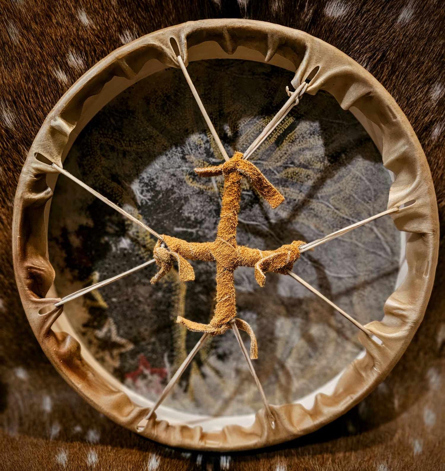 12" Red Ghost Bison Buffalo Spirit Bison Hide Drum And Buckskin Beater