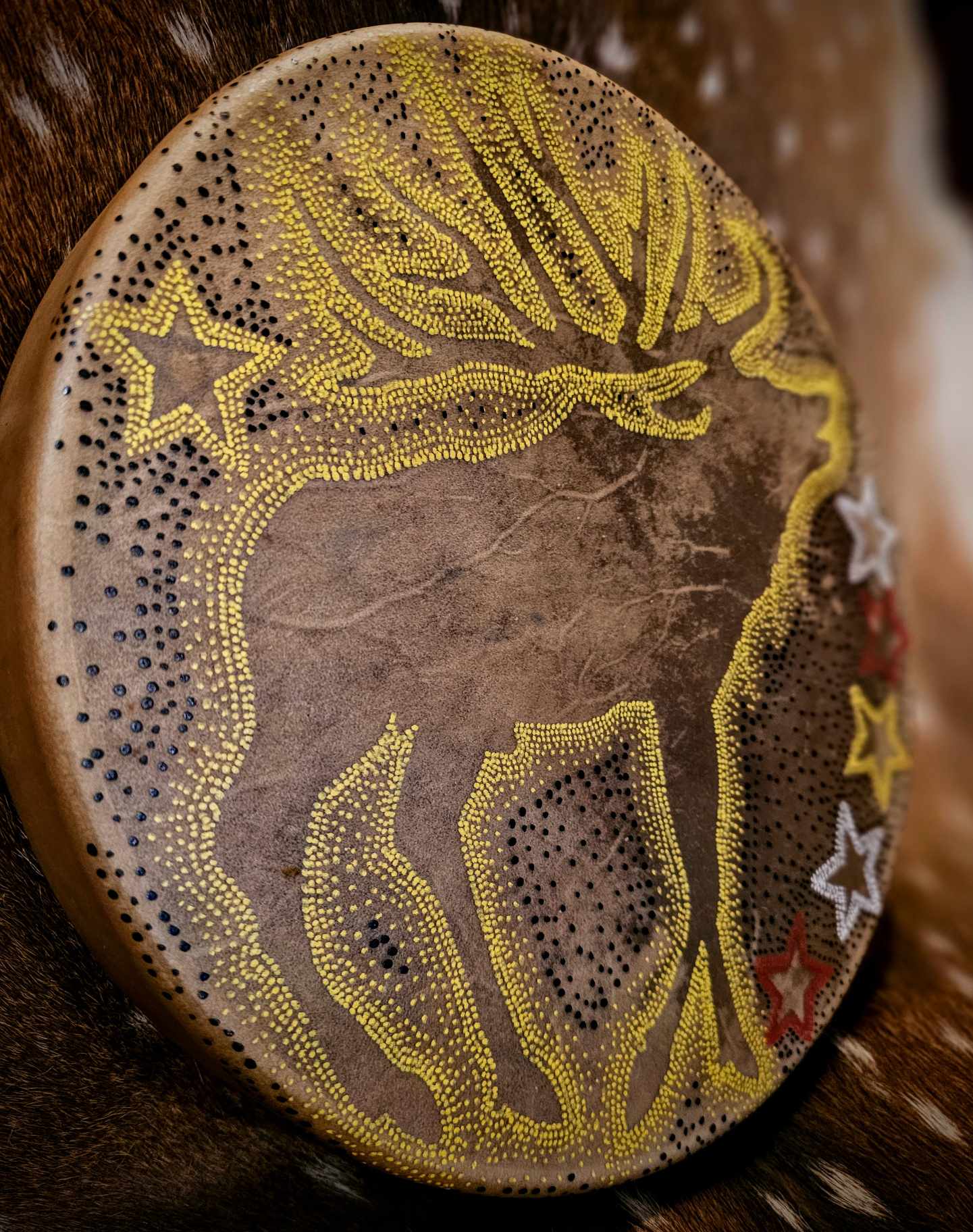 12" Yellow Elk Spirit Elk Hide Drum And Buckskin Beater