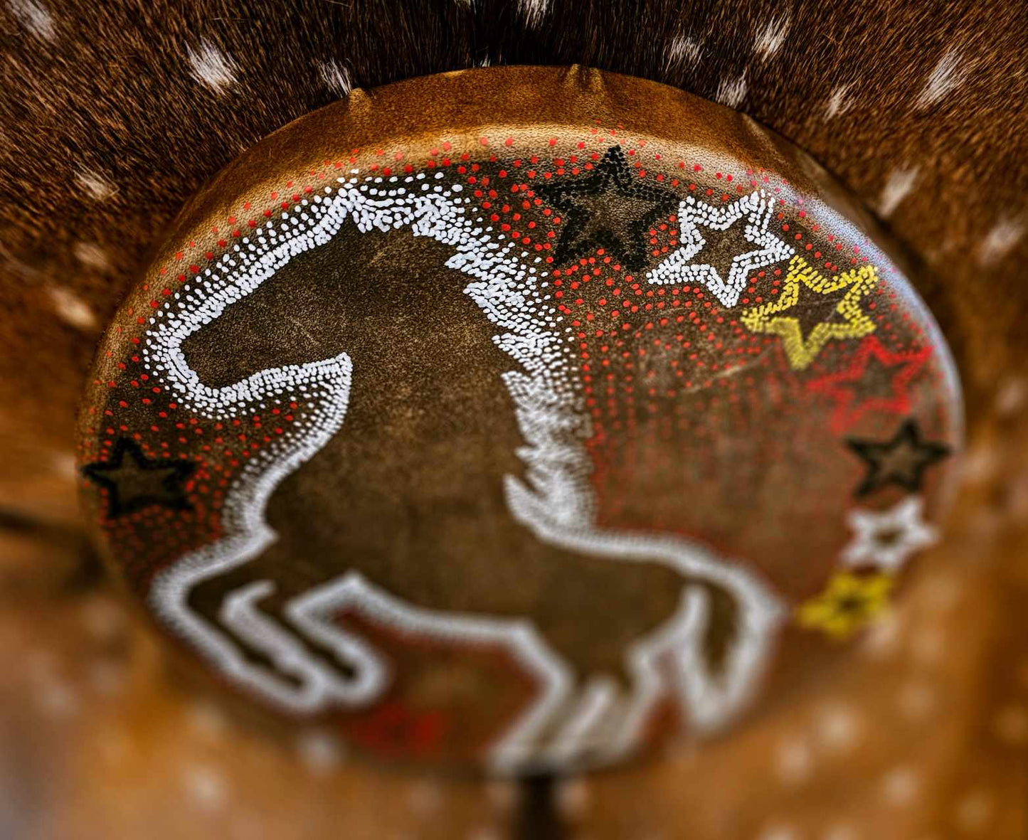 12" White Horse Spirit Horse Hide Drum And Buckskin Beater