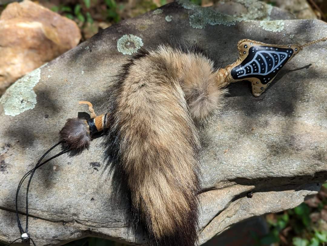 Bear Hide Coyote Tail Hand Painted Snake Shaman Rattle