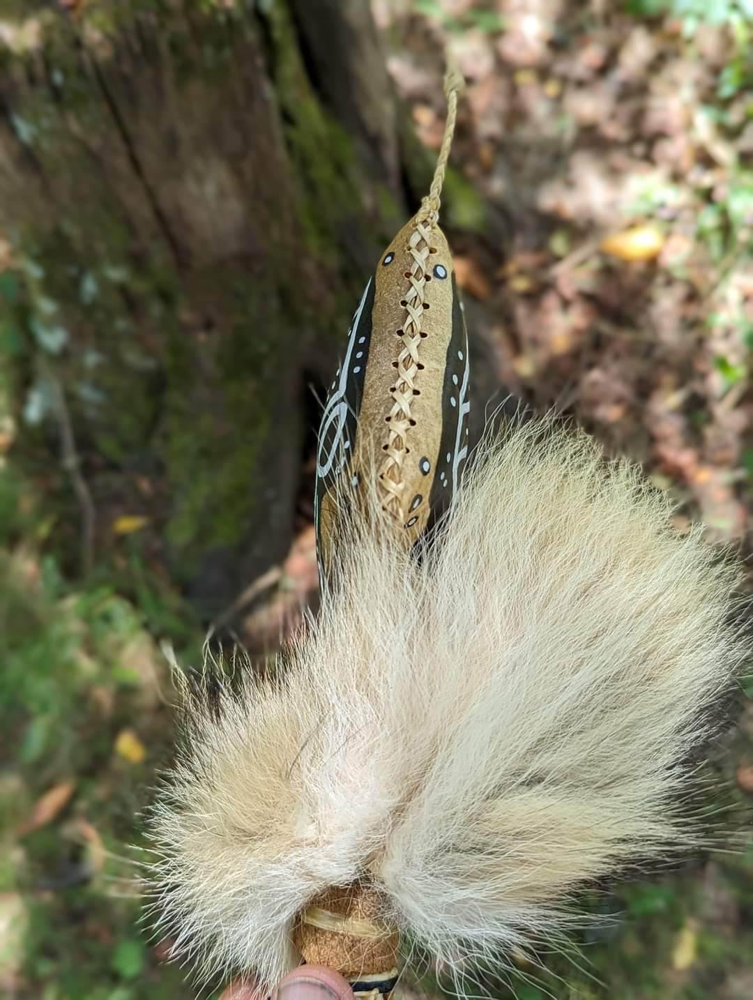 Bear Hide Coyote Tail Hand Painted Snake Shaman Rattle