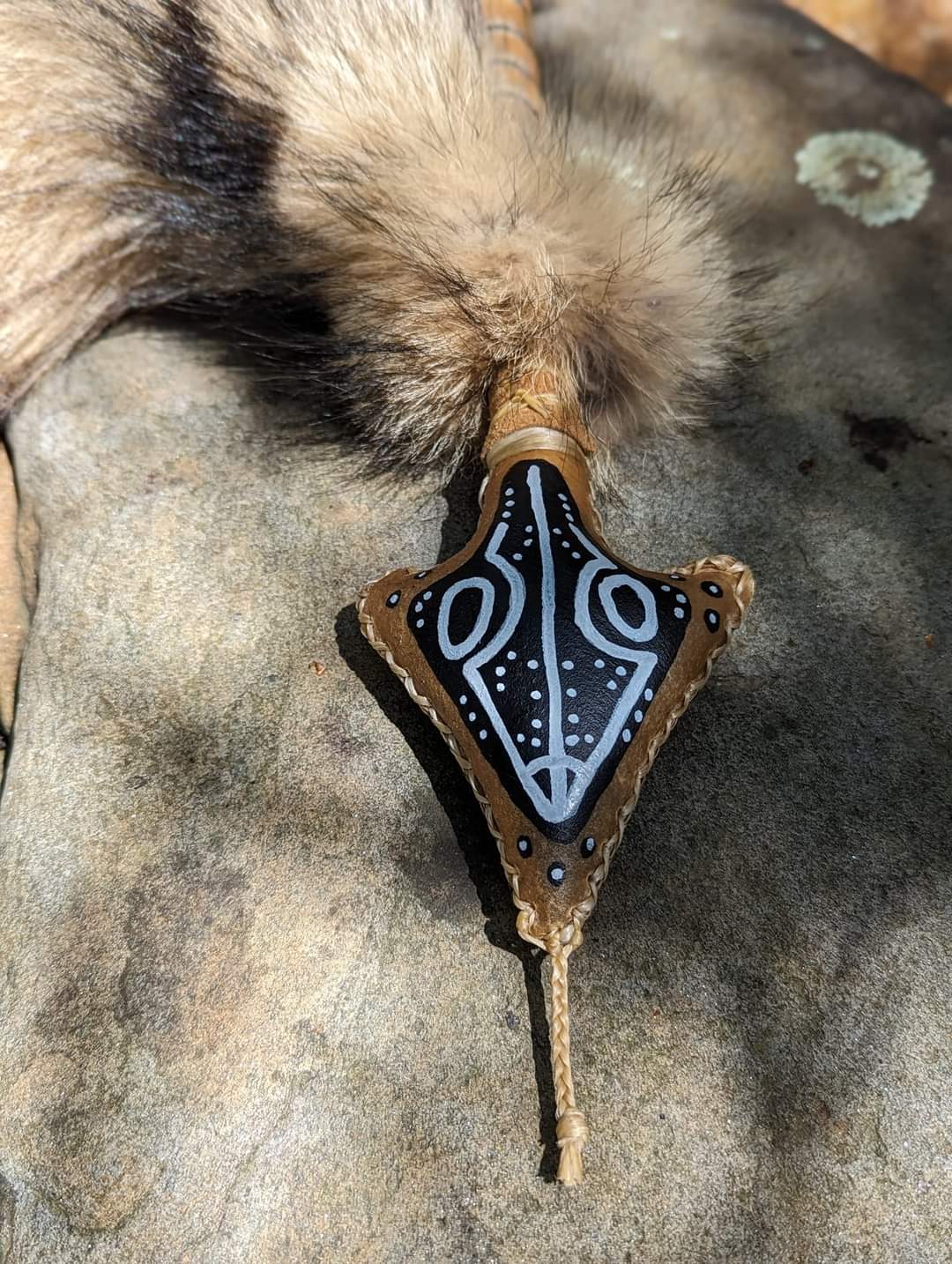 Bear Hide Coyote Tail Hand Painted Snake Shaman Rattle