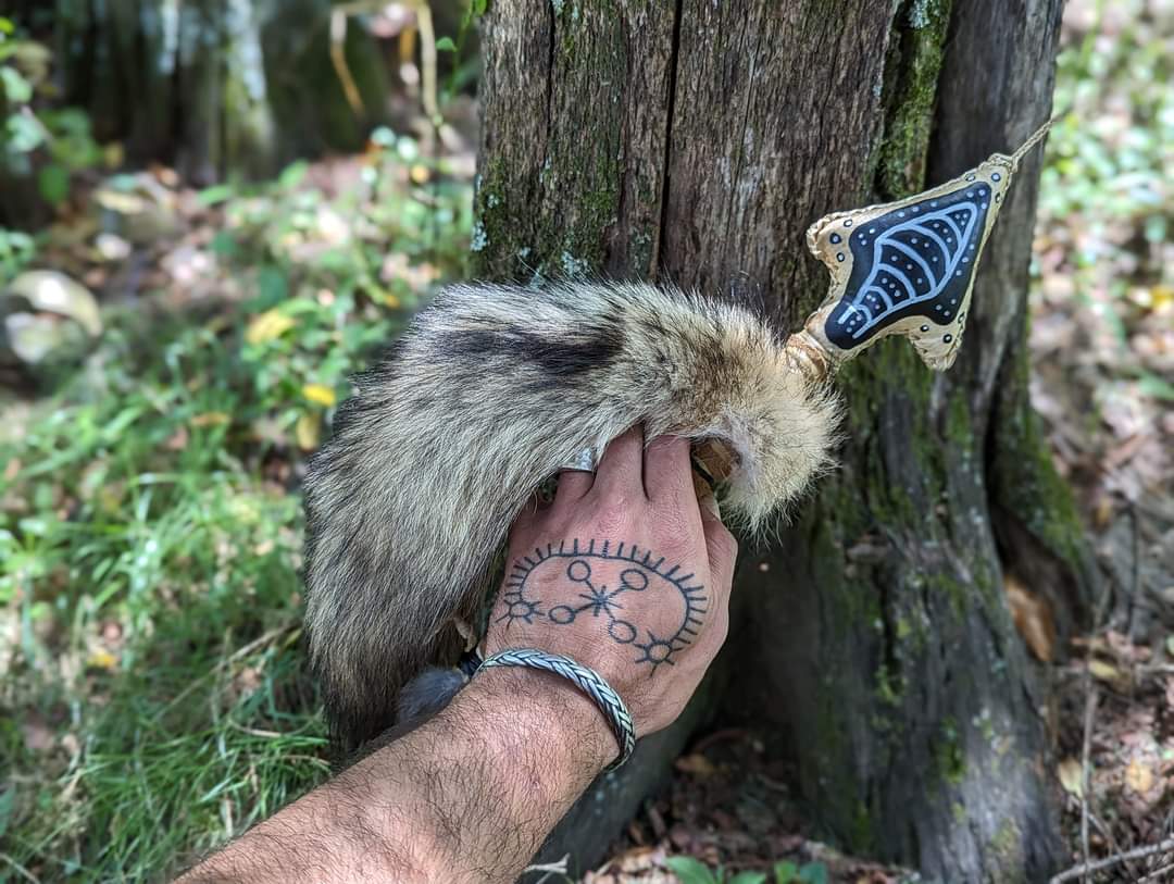 Bear Hide Coyote Tail Hand Painted Snake Shaman Rattle