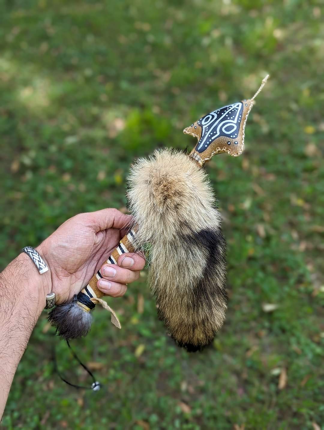 Bear Hide Coyote Tail Hand Painted Snake Shaman Rattle