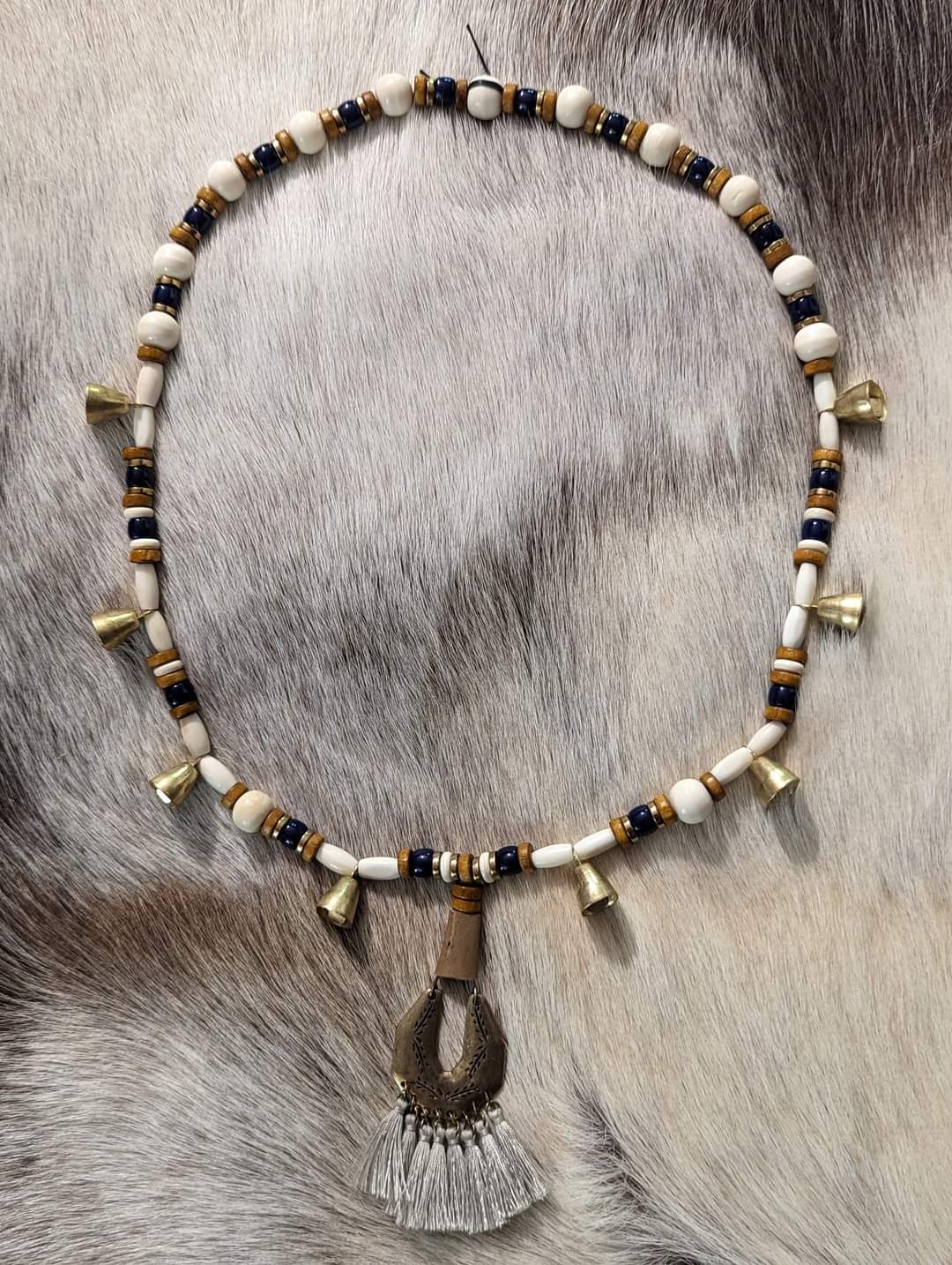 Warding Bell Bone, Brass, and Glass Bead Necklace