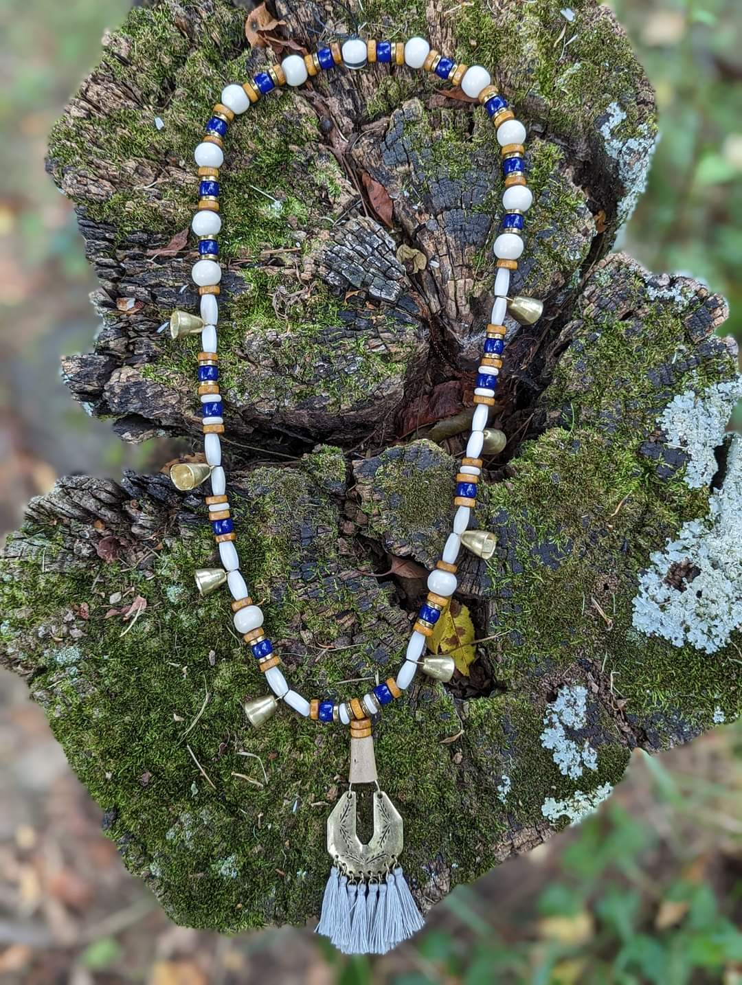 Warding Bell Bone, Brass, and Glass Bead Necklace