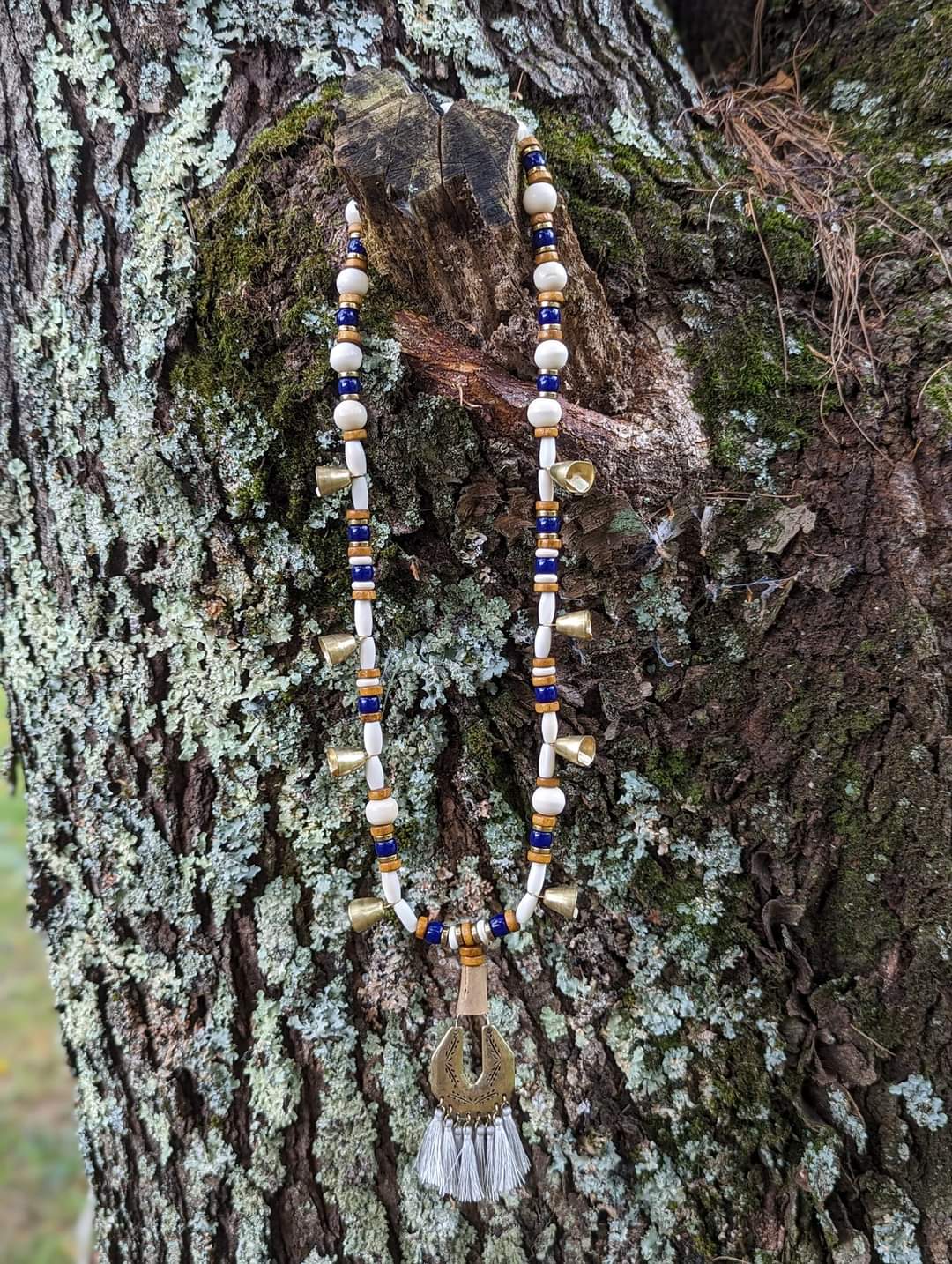 Warding Bell Bone, Brass, and Glass Bead Necklace