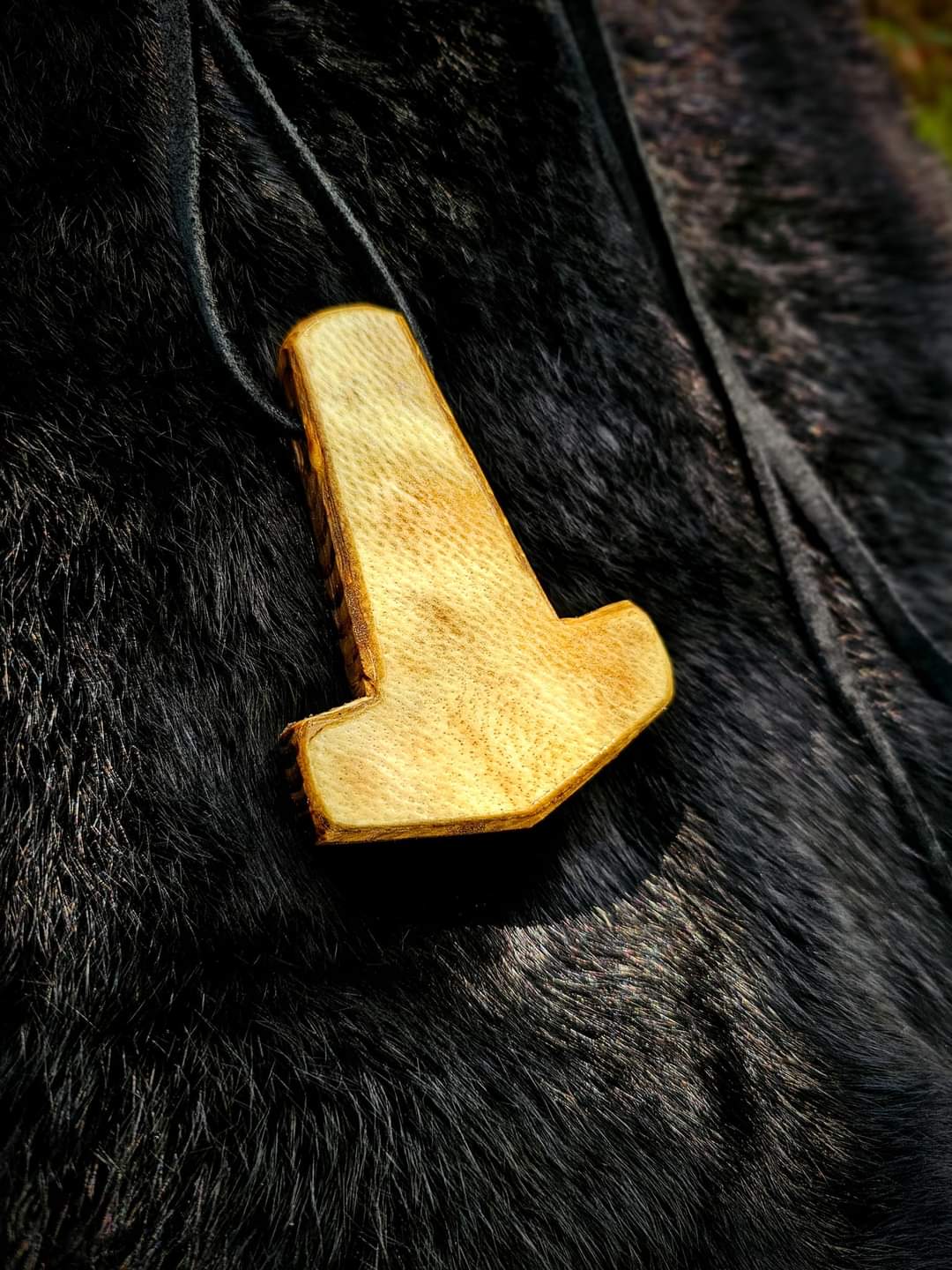 Björnhamarr Bear-Hammer Bear Hide and Wood Hand Carved Mjölnir Pendant on Leather Cord