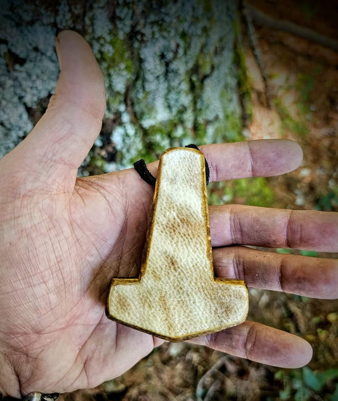 Björnhamarr Bear-Hammer Bear Hide and Wood Hand Carved Mjölnir Pendant on Leather Cord