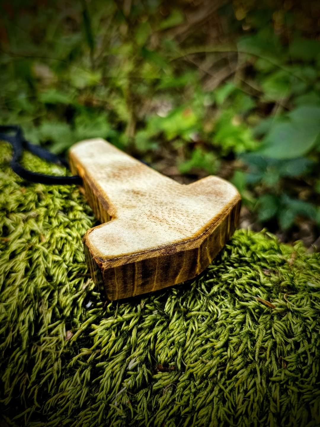 Björnhamarr Bear-Hammer Bear Hide and Wood Hand Carved Mjölnir Pendant on Leather Cord