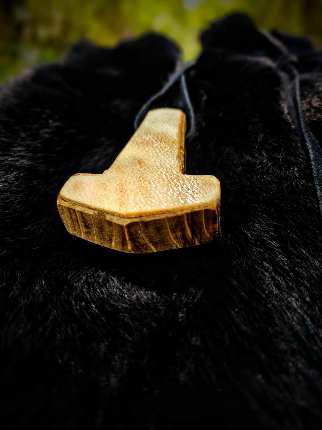 Björnhamarr Bear-Hammer Bear Hide and Wood Hand Carved Mjölnir Pendant on Leather Cord