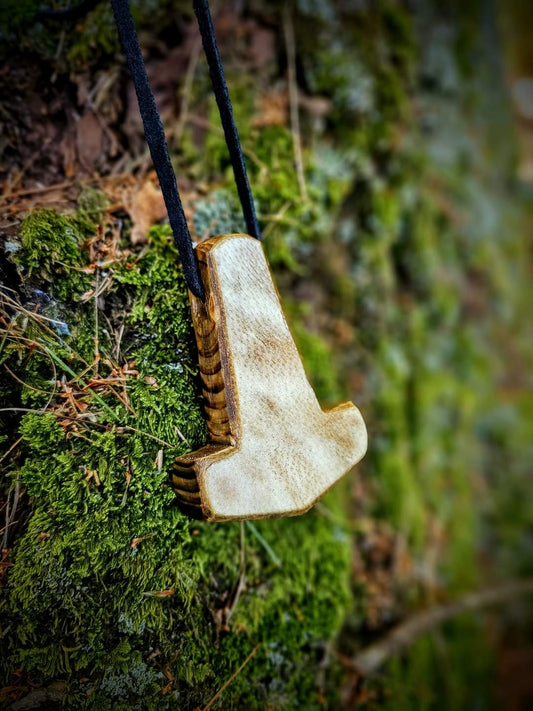 Björnhamarr Bear-Hammer Bear Hide and Wood Hand Carved Mjölnir Pendant on Leather Cord