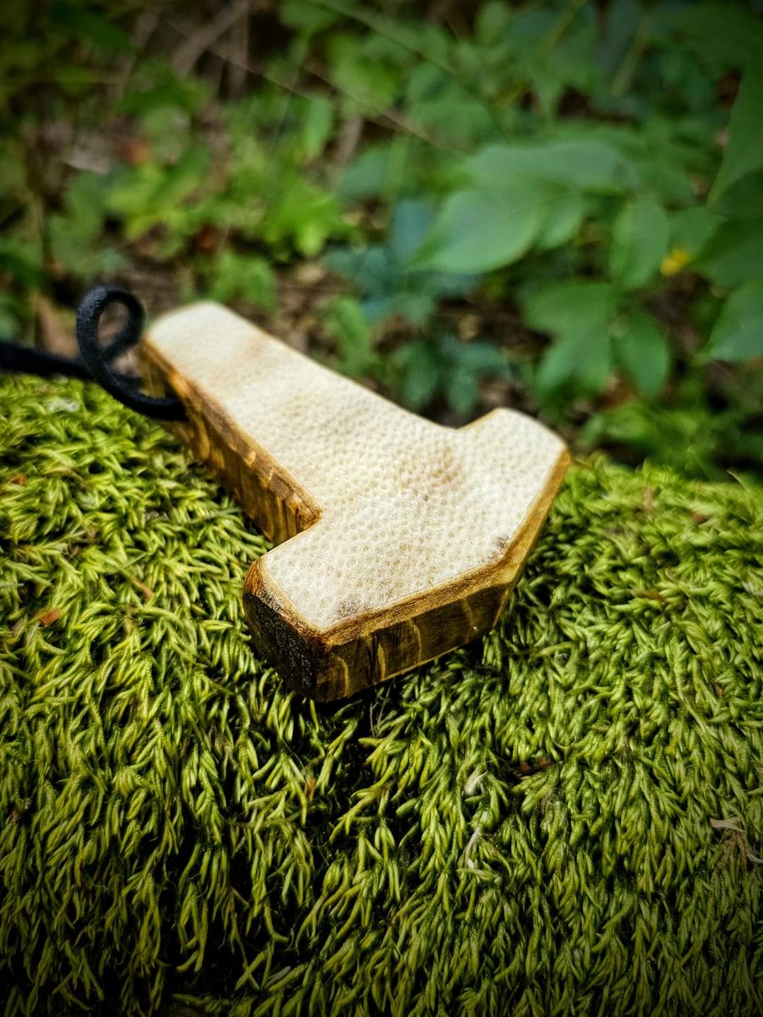 Björnhamarr Bear-Hammer Bear Hide and Wood Hand Carved Mjölnir Pendant on Leather Cord