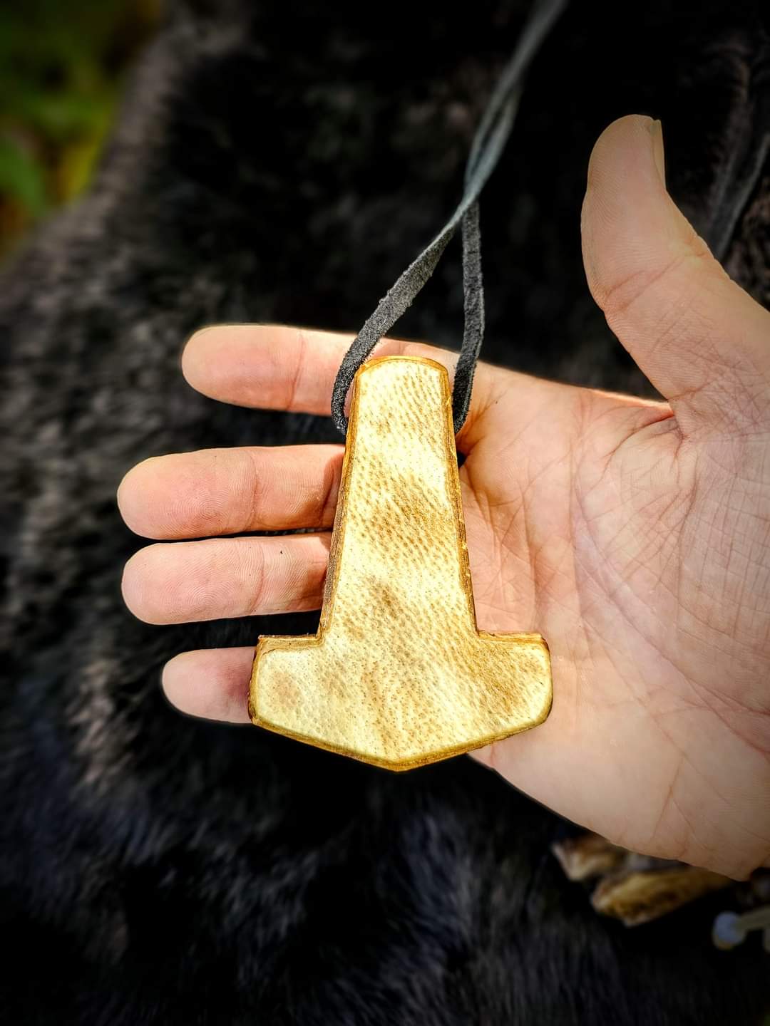 Björnhamarr Bear-Hammer Bear Hide and Wood Hand Carved Mjölnir Pendant on Leather Cord
