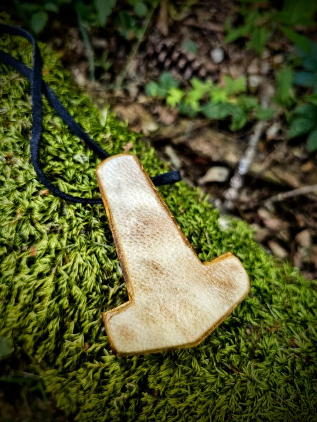 Björnhamarr Bear-Hammer Bear Hide and Wood Hand Carved Mjölnir Pendant on Leather Cord