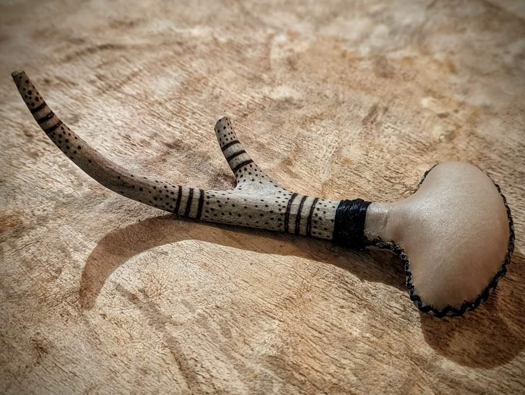 Ring and Dot Deer Antler and Hide Shaman Meditation Rattle