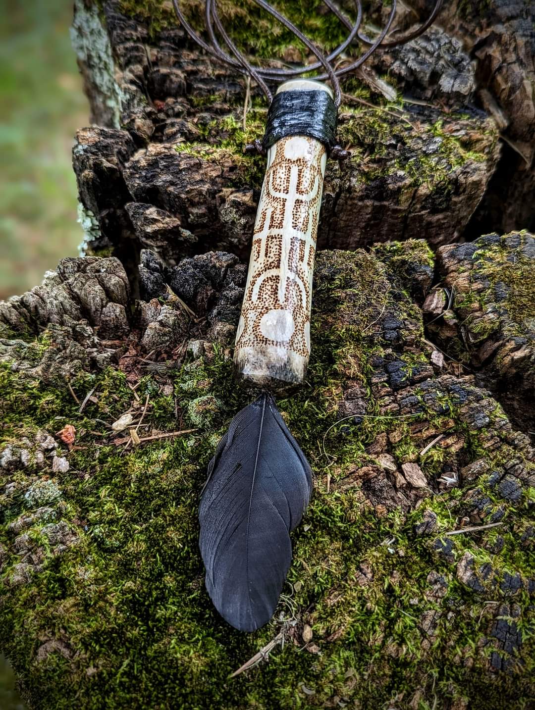 9 Moons Protection Stave Deer Bone Talisman Crow Feather