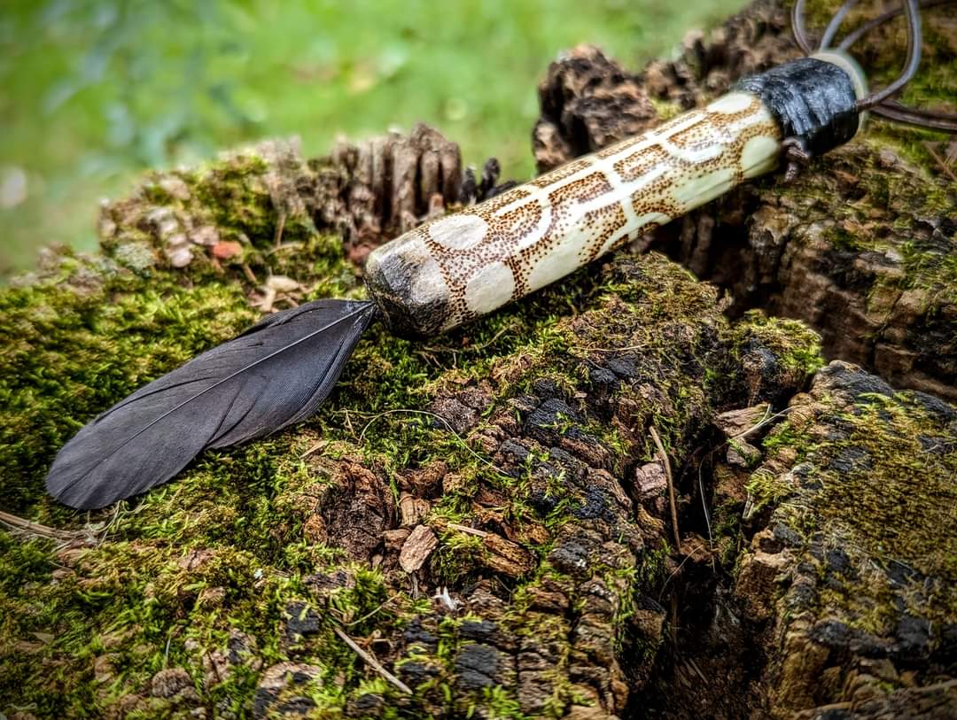 9 Moons Protection Stave Deer Bone Talisman Crow Feather