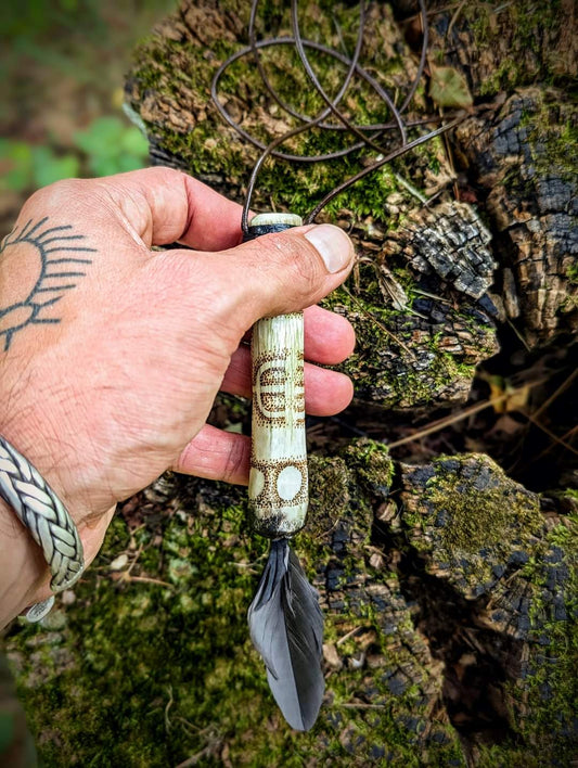 9 Moons Protection Stave Deer Bone Talisman Crow Feather