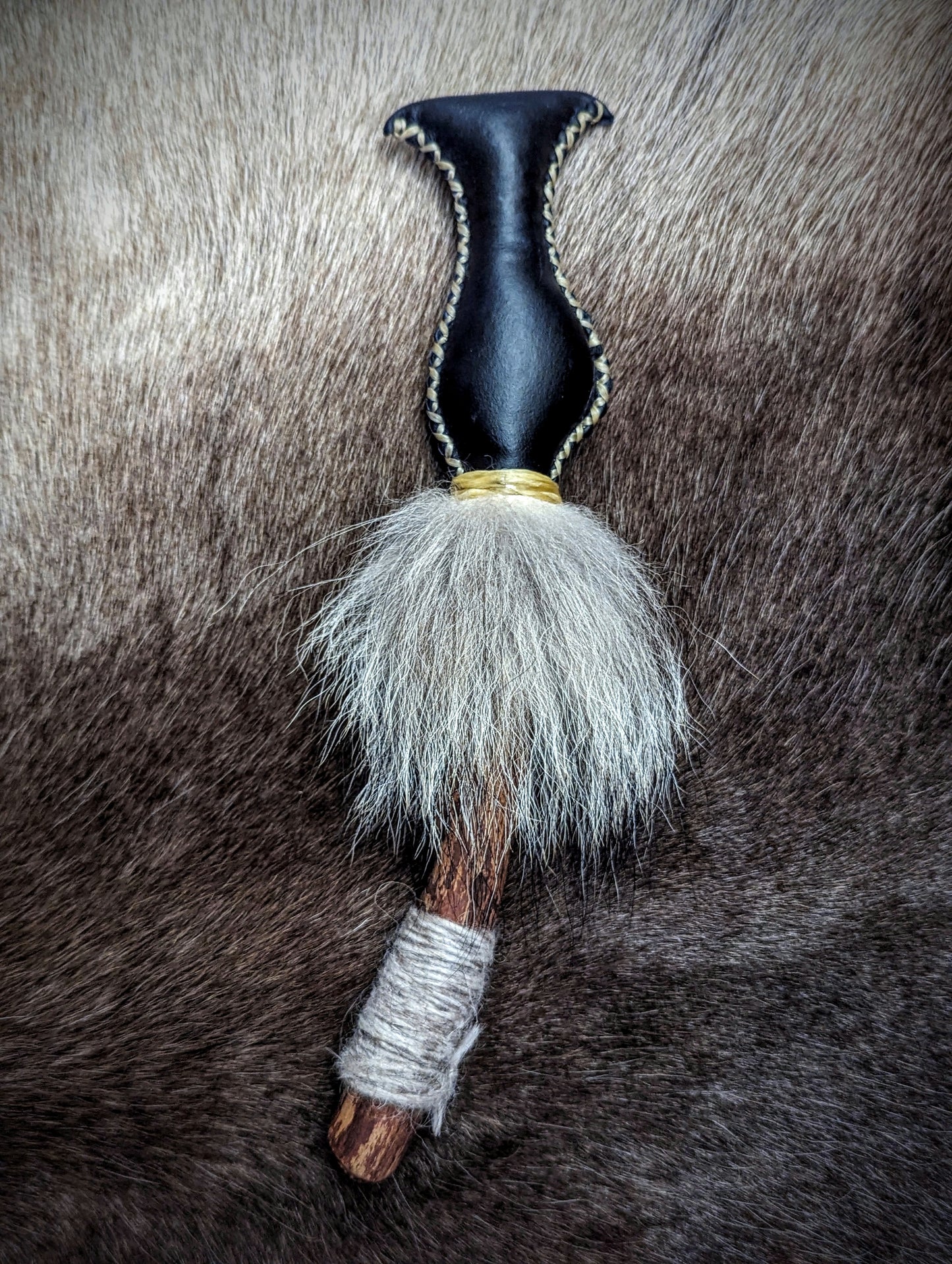 River Folk Medicine Rattle Blue Reindeer Hide Wolf Fur Icelandic Wool