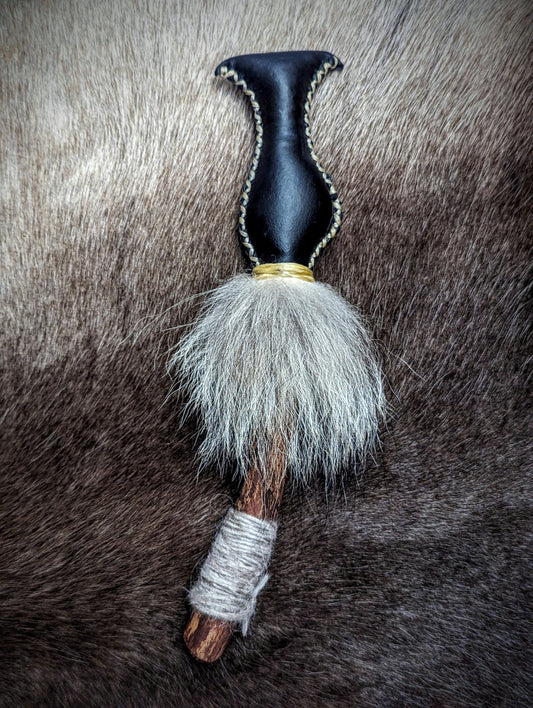 River Folk Medicine Rattle Blue Reindeer Hide Wolf Fur Icelandic Wool