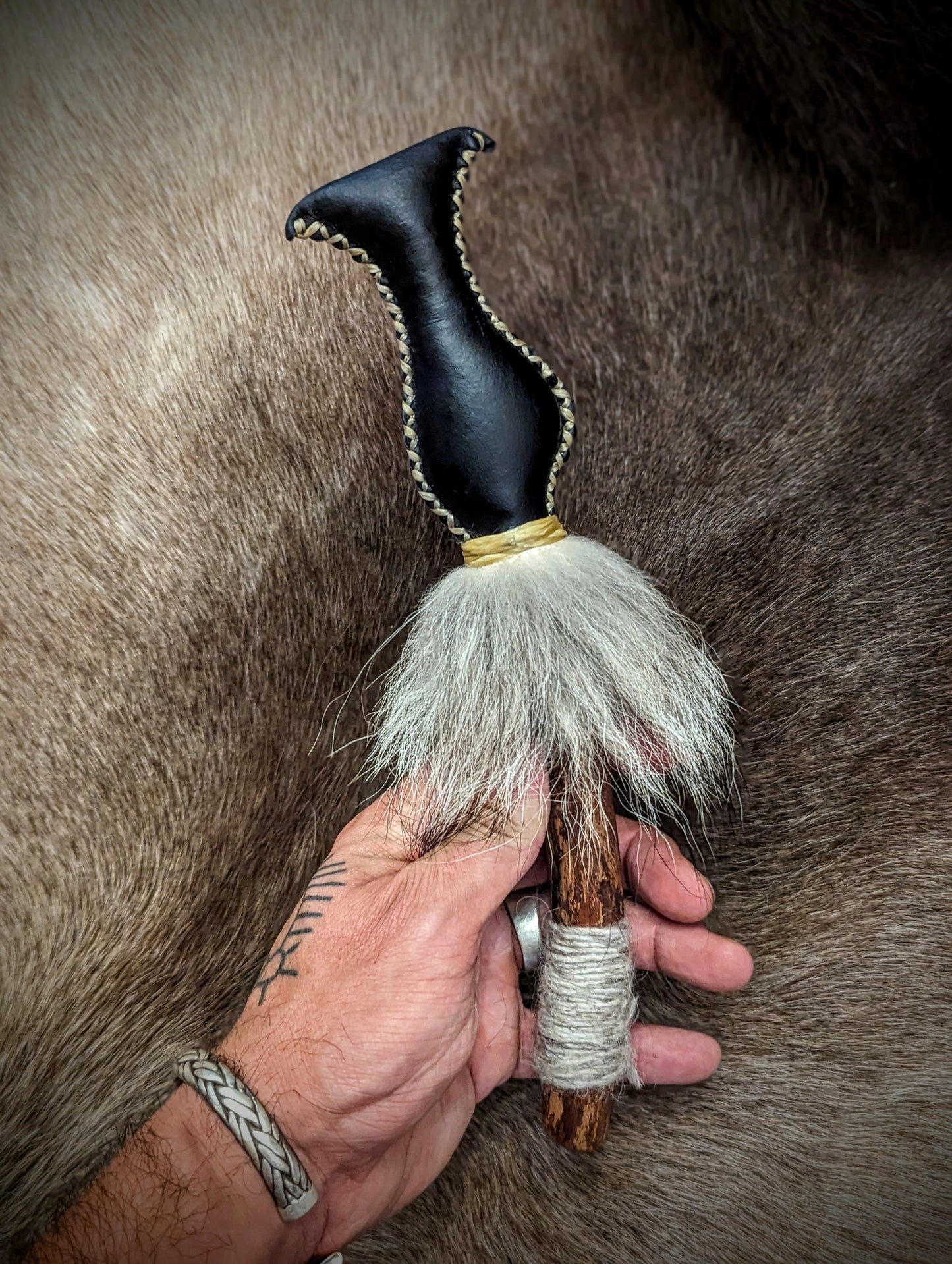 River Folk Medicine Rattle Blue Reindeer Hide Wolf Fur Icelandic Wool
