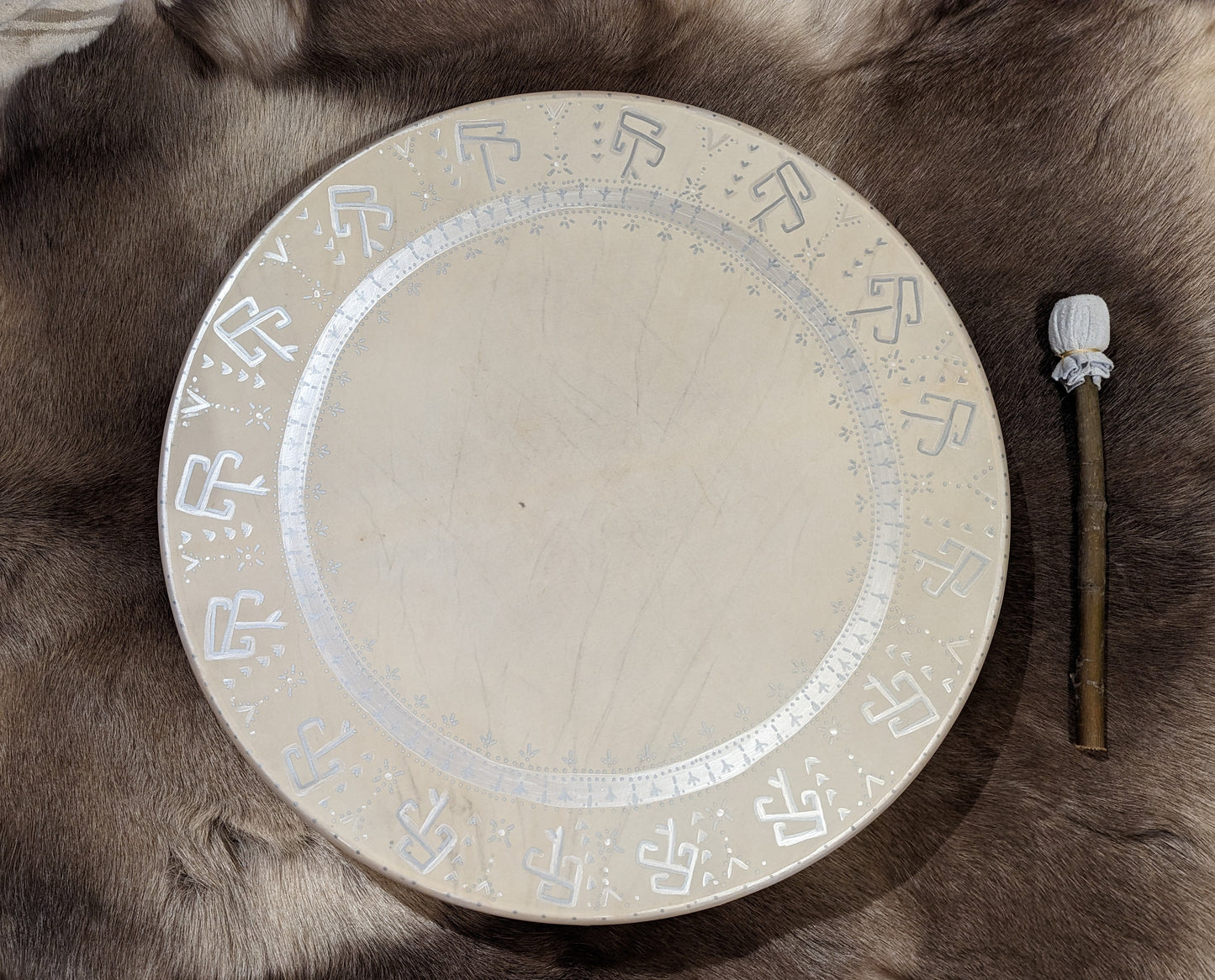 24" Natural Finnish Reindeer Hide Drum With White Buckskin and Alder Wood Beater