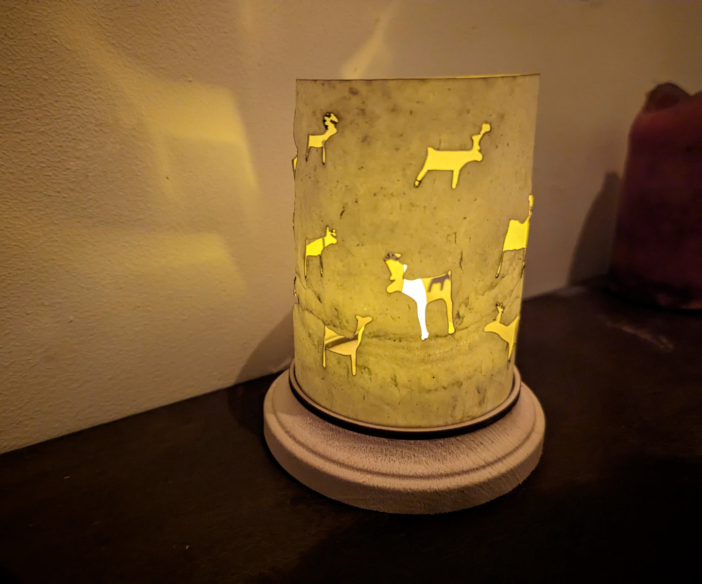 Reindeer Petroglyph Rawhide Lantern With Wood Base | Primitive Nordic Decor | Viking Camping Gift