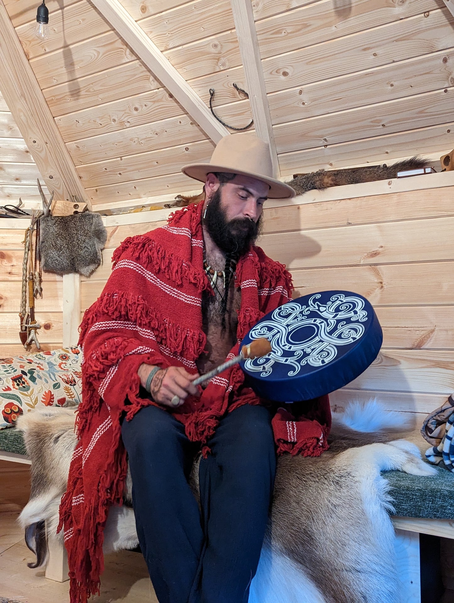 14 Inch Blue Deer Hide Shaman Drum with Beater | Jormungandr Drum | Dragon Drum