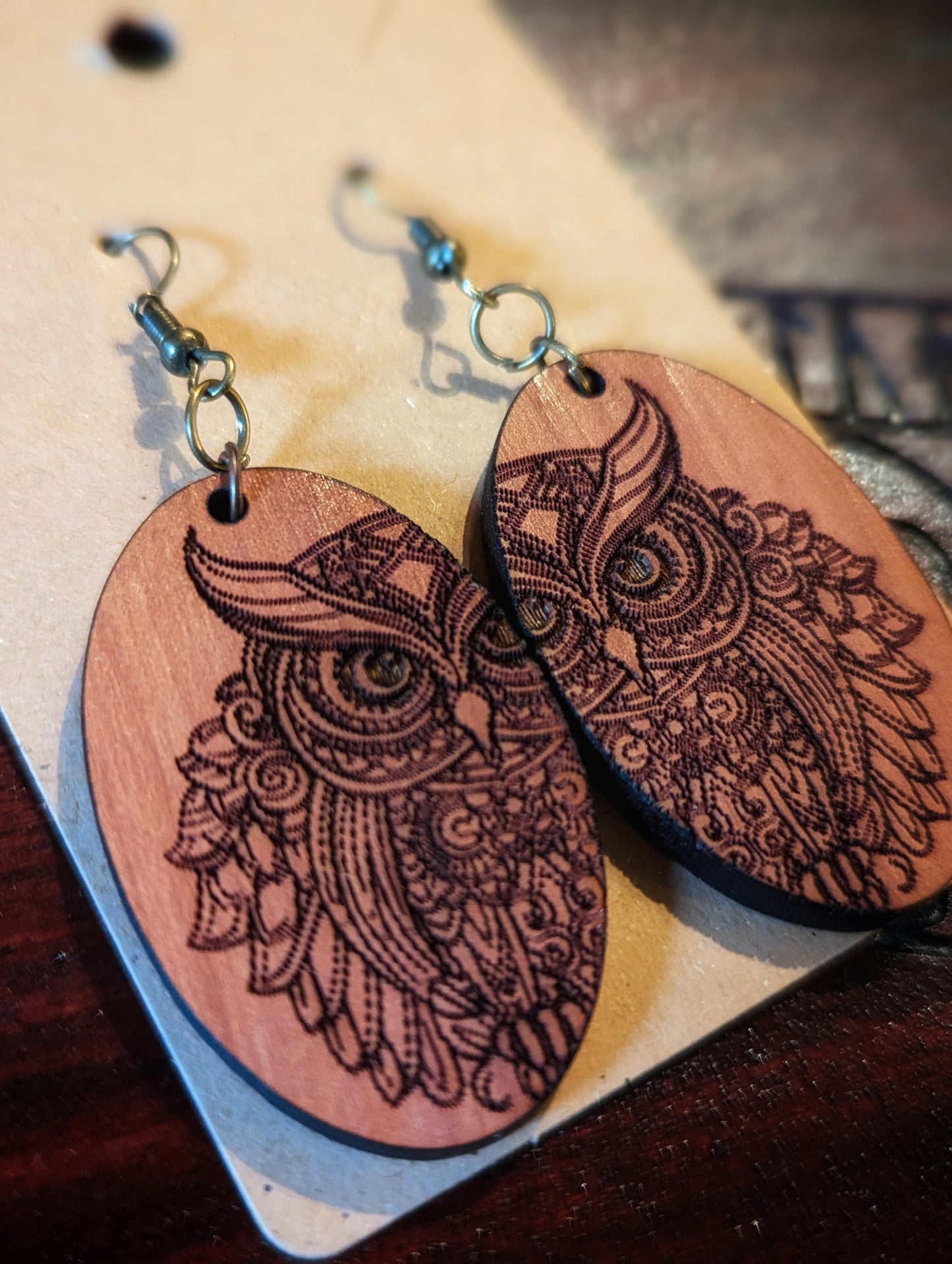 Cedarwood Engraved Owl Earrings