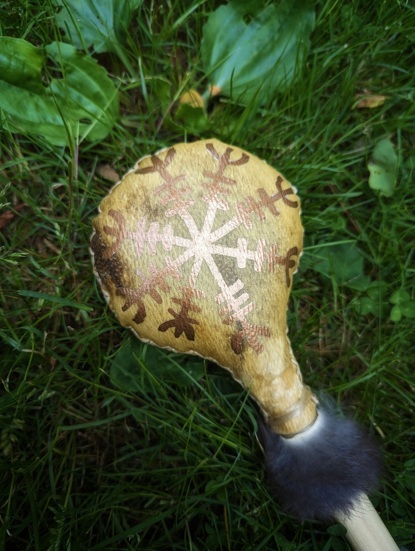 Bear Hide Shaman Rattle With Bronze Helm Of Awe