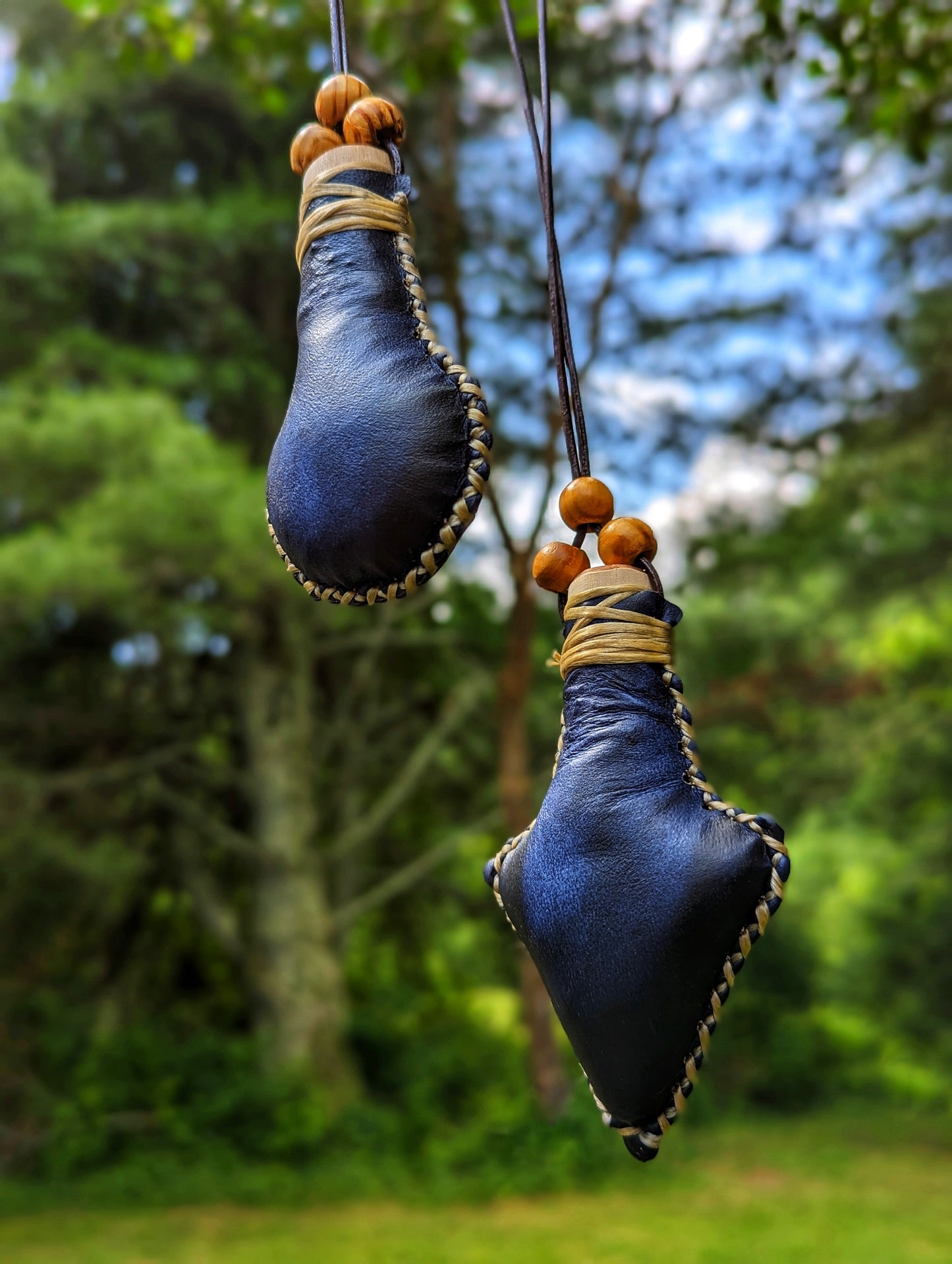 Round or Arrow Wearable Reindeer Hide Deep Blue Black Rattle Necklace | Shaman Rattle | Mini Rattle | Norse Animism
