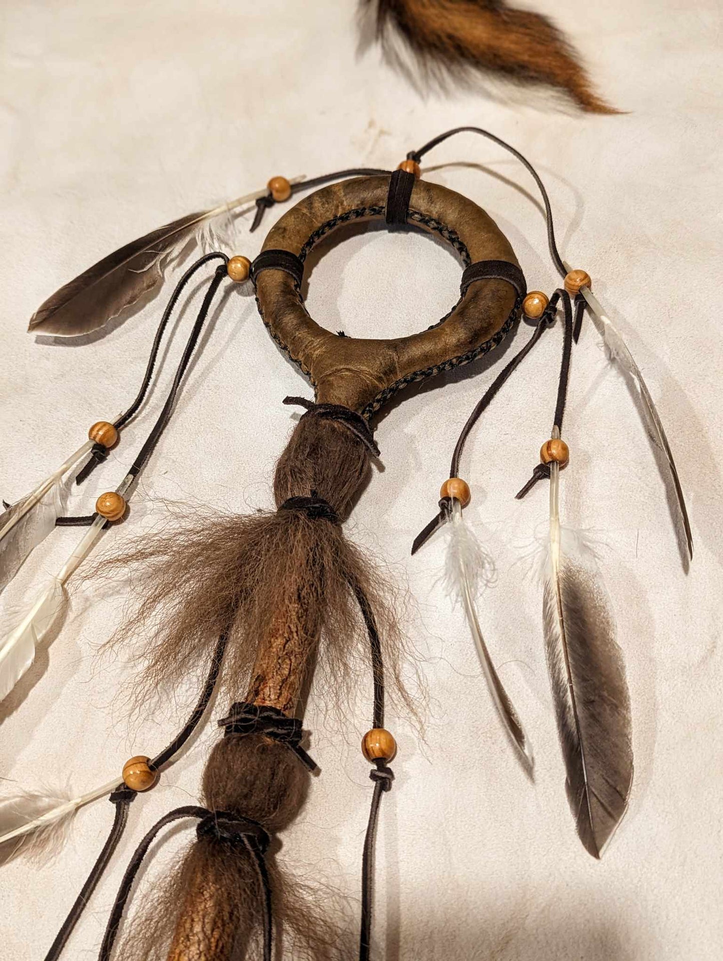 Bison Hide Loop Shaman Rattle Hand Crafted from Birch Wood Duck Feathers and Buffalo Hide | Meditation Rattle | Sound Healing