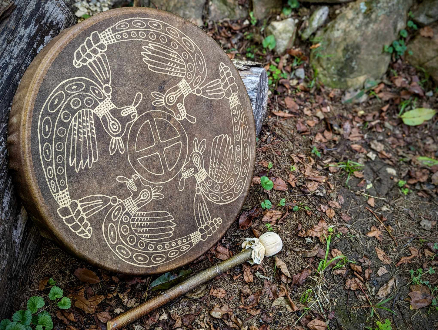 18" Bison Hide Drum | Hand Painted Gold Sunwheel Winged Serpent