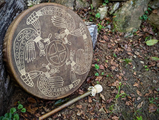 18" Bison Hide Drum | Hand Painted Gold Sunwheel Winged Serpent