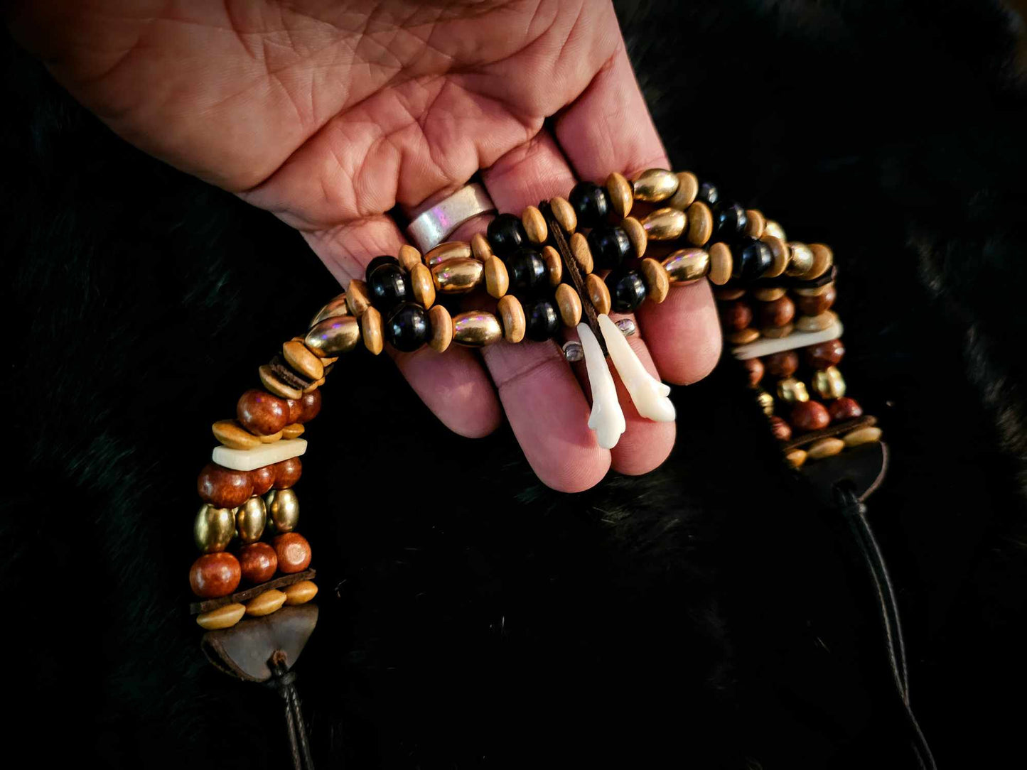 Double Wolf Tooth Beaded Brass, Bone, and Horn Choker Necklace